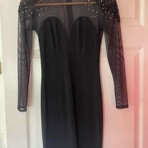 Long Sleeve Black Mesh Evening Dress with Embellished Shoulders